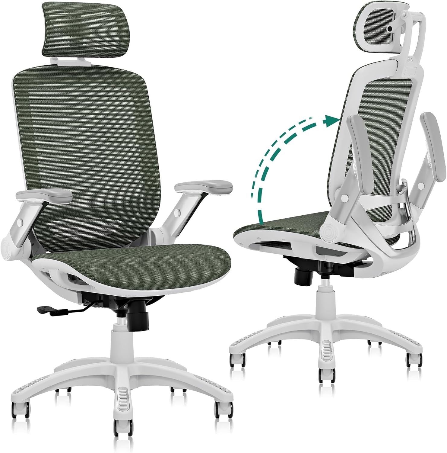 GABRYLLY Ergonomic Office Chair, High Back Home Desk Chair with Headrest, Flip-Up Arms, 90-120° Tilt Lock and Wide Cushion, Big and Tall Mesh Chairs for Man Woman, Grey Task Chair
