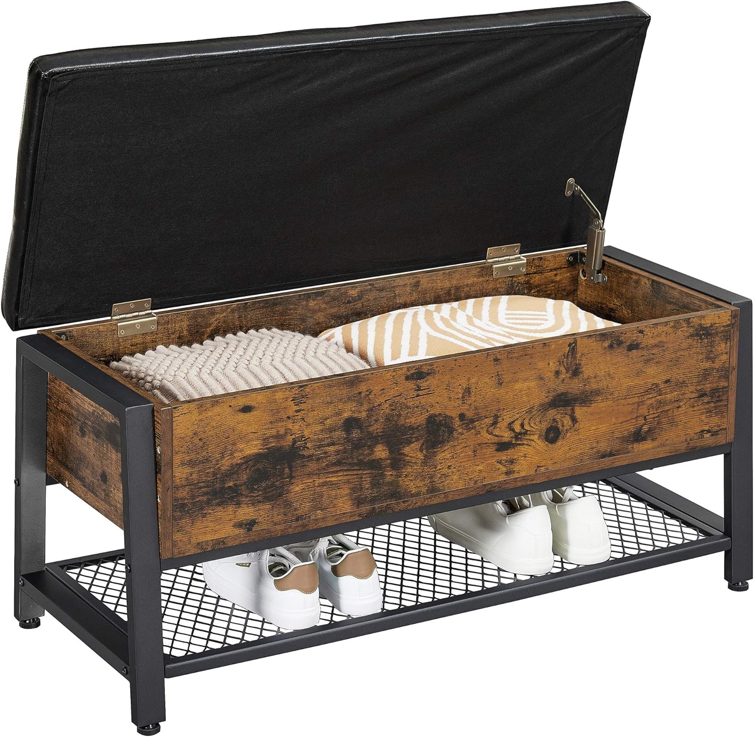 VASAGLE Shoe Bench, Storage Bench with Cupboard and 9 Open Compartments, Shoe Shelf, Padded Seat, Barn Door, 11.8 x 43.3 x 18.9 Inches, Rustic Brown ULHS058X01