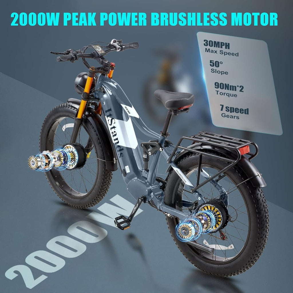 Dual Motor 2000W/1000W Electric Bike for Adult 48V 30AH/20Ah Removable Battery Up to &120 Miles Long Range 26"Fat Tire Off Road Mountain Full Suspension Electric Bicycle,Adjustable Stem,UL Certified