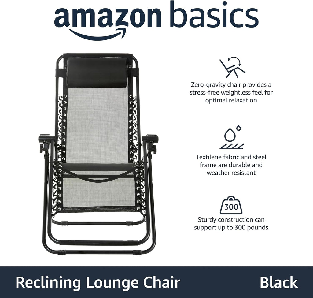 Basics Outdoor Textilene Adjustable Zero Gravity Folding Reclining Lounge Chair with Pillow, 26", Navy Blue