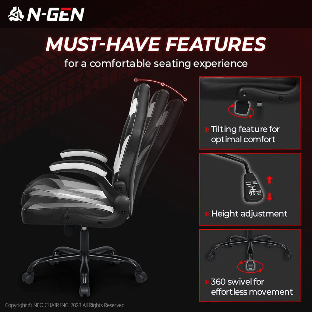 N-GEN Video Gaming Computer Chair Ergonomic Office Chair Desk Chair with Lumbar Support Flip Up Arms Adjustable Height Swivel PU Leather Executive with Wheels for Adults Women Men (Pink)