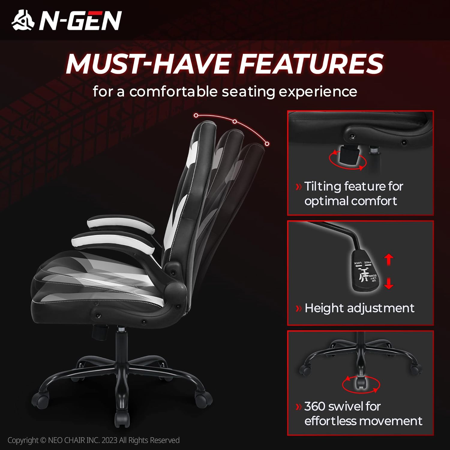 N-GEN Video Gaming Computer Chair Ergonomic Office Chair Desk Chair with Lumbar Support Flip Up Arms Adjustable Height Swivel PU Leather Executive with Wheels for Adults Women Men (Pink)