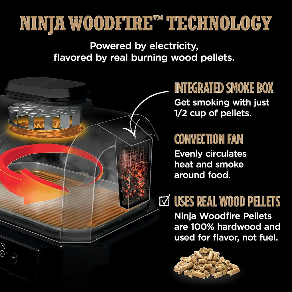 Ninja OG951 Woodfire Pro Connect Premium XL Outdoor Grill & Smoker, Bluetooth, App Enabled, 7-in-1 Master Grill, BBQ Smoker, Outdoor Air Fryer, Woodfire Technology, 2 Built-In Thermometers, Black