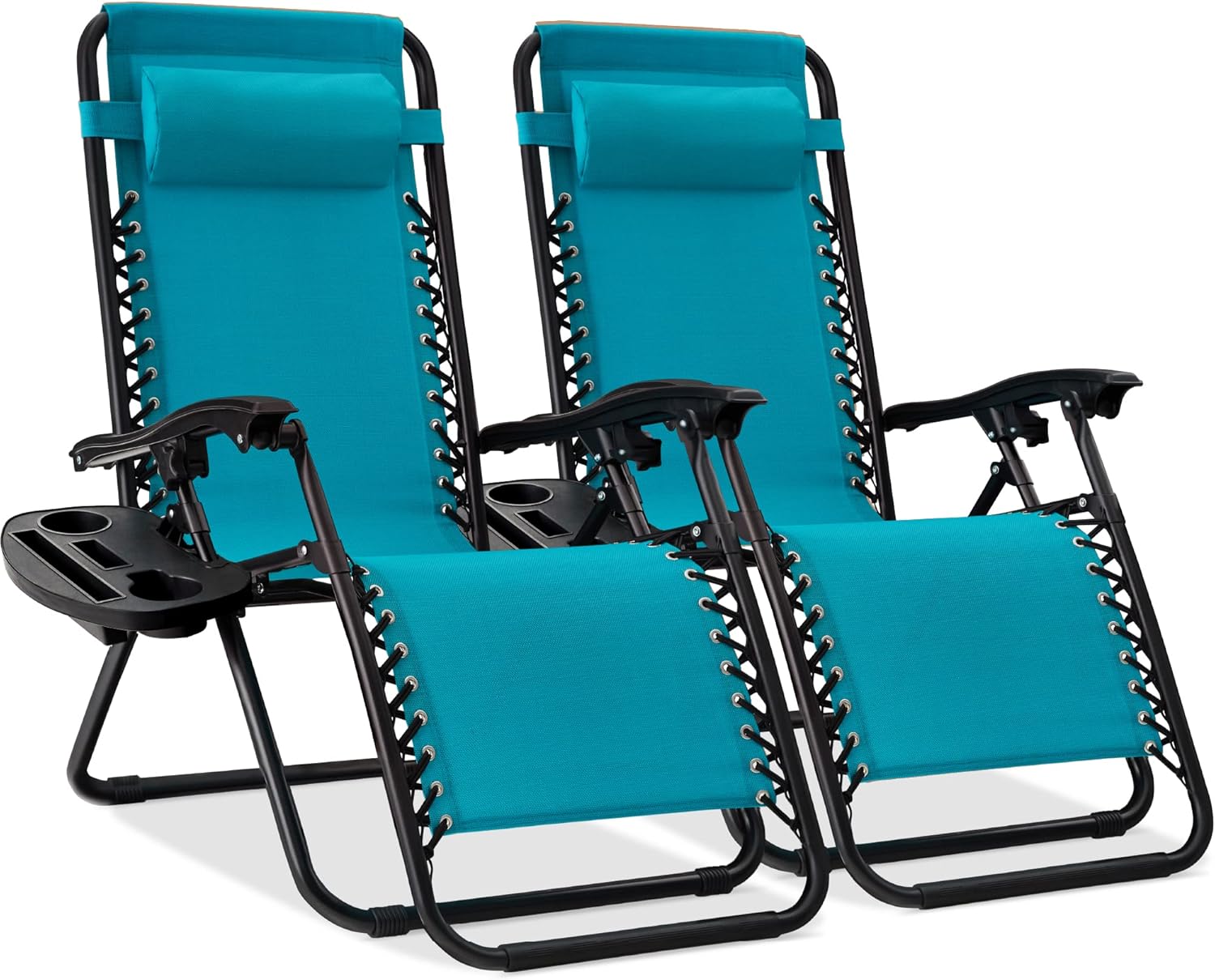 Best Choice Products Set of 2 Adjustable Steel Mesh Zero Gravity Lounge Chair Recliners w/Pillows and Cup Holder Trays - Beige