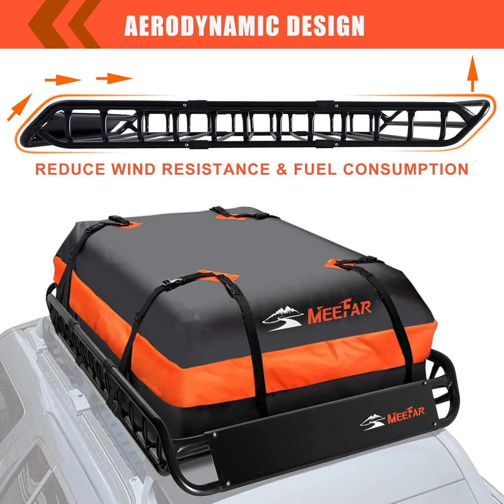 MeeFar High Rail Trailer Folding Hitch Mount Cargo Carrier Basket 60" X 24" X 14"+Waterproof Cargo Bag 20 cu ft(59" 24" 24"), Capacity of 500 Lbs with Hitch Stabilizer, Net, Lock and Straps
