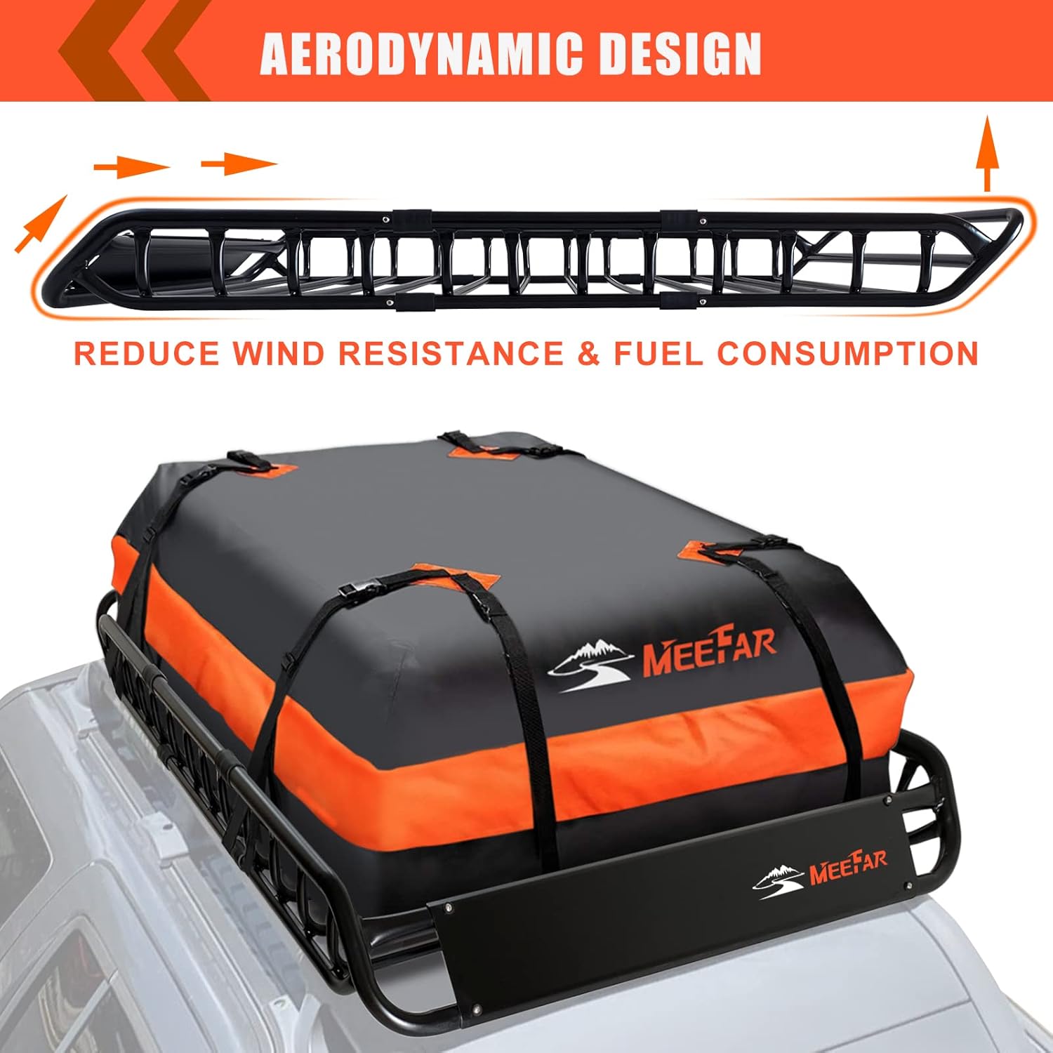 MeeFar High Rail Trailer Folding Hitch Mount Cargo Carrier Basket 60" X 24" X 14"+Waterproof Cargo Bag 20 cu ft(59" 24" 24"), Capacity of 500 Lbs with Hitch Stabilizer, Net, Lock and Straps