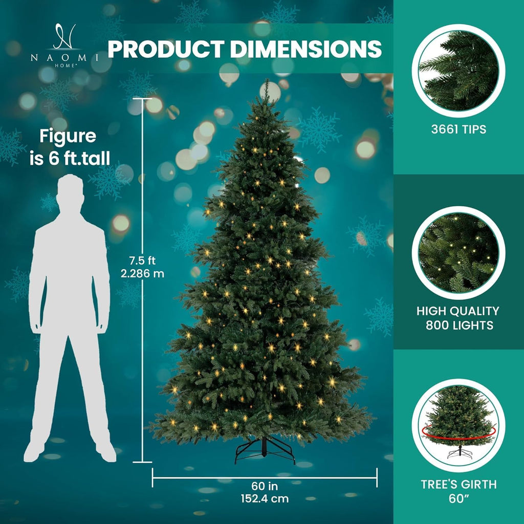 Naomi Home 6.5ft Rustic Christmas Tree with Lights, Realistic Classic Prelit with 2595 Branch Tips, 600 Warm Lights and Metal Stand, Aritificial Tree