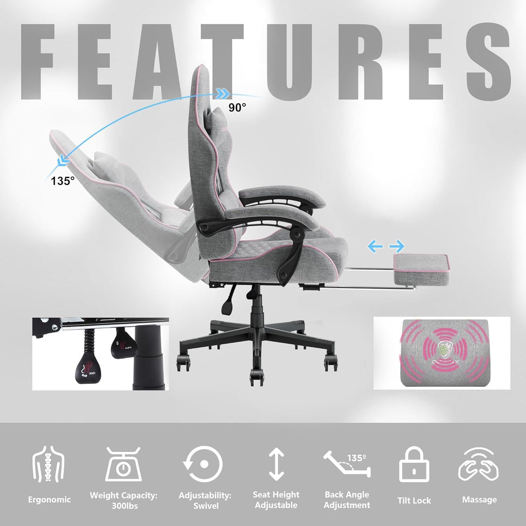 Dowinx Gaming Chair Fabric with Pocket Spring Cushion, Massage Game Chair Cloth with Headrest, Ergonomic Computer Chair with Footrest 290LBS, Blue and Grey