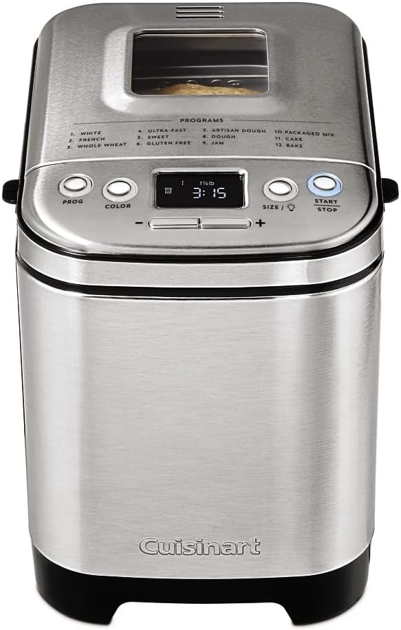 Cuisinart Convection Bread Maker Machine-16 Menu Options, 3 Loaf Sizes up to 2lbs, 3 Crust Colors-Includes Measuring Cup + Spoon & Kneading Hook, CBK-210, 12.25" x 8.85" x 13", Stainless Steel