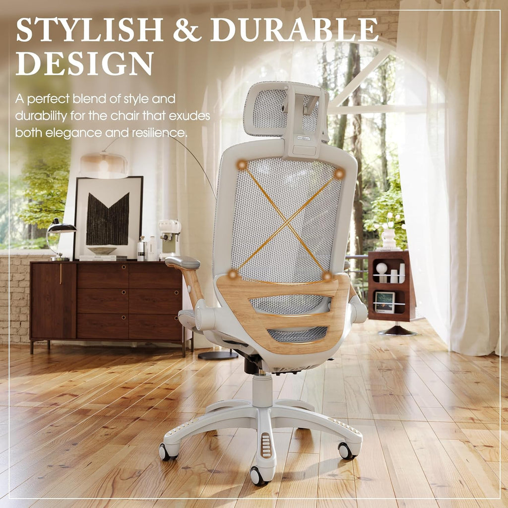 GABRYLLY Ergonomic Office Chair, High Back Home Desk Chair with Headrest, Flip-Up Arms, 90-120° Tilt Lock and Wide Cushion, Big and Tall Mesh Chairs for Man Woman, Grey Task Chair