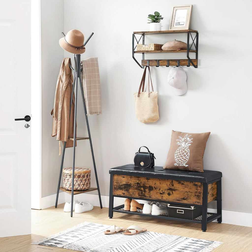 VASAGLE Shoe Bench, Storage Bench with Cupboard and 9 Open Compartments, Shoe Shelf, Padded Seat, Barn Door, 11.8 x 43.3 x 18.9 Inches, Rustic Brown ULHS058X01