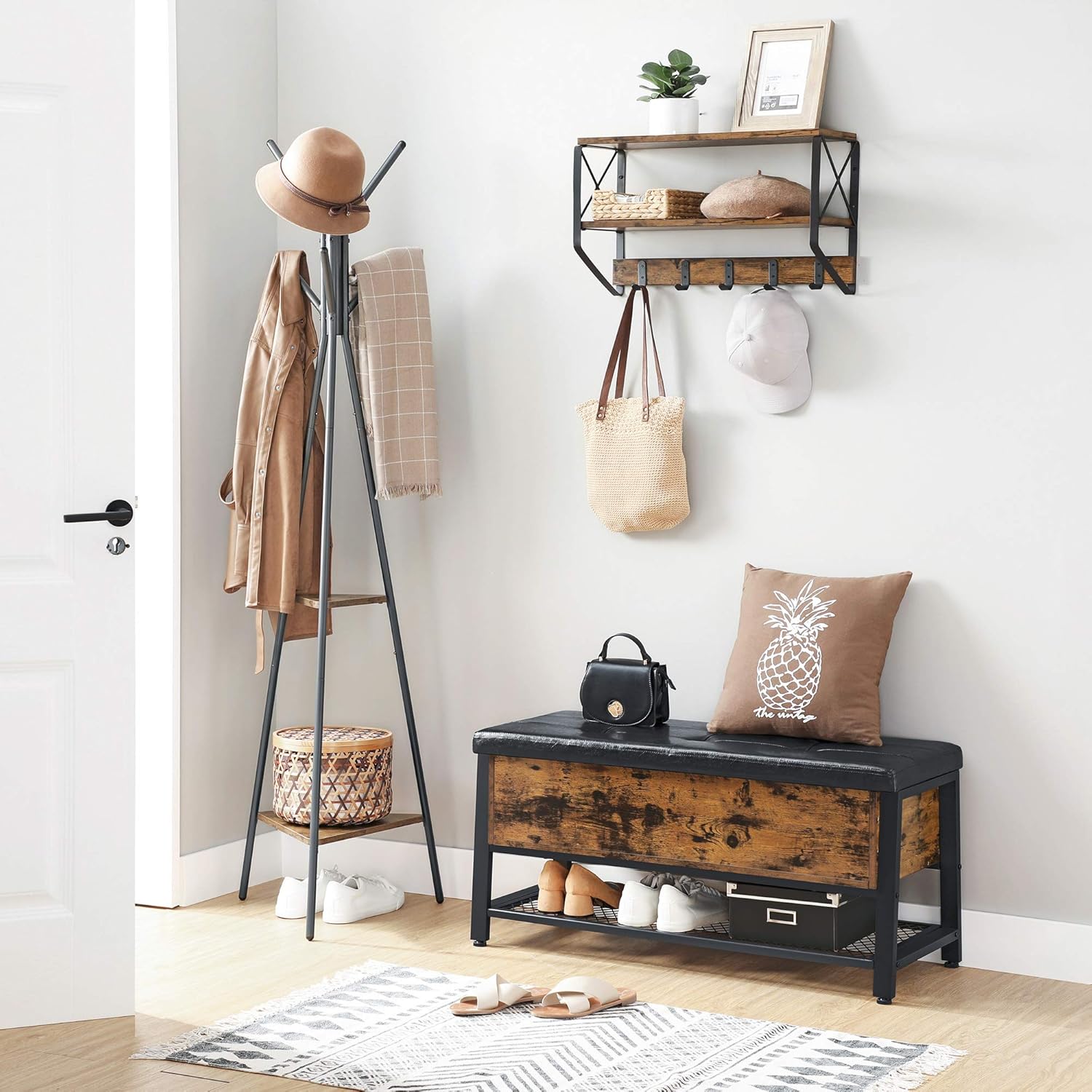 VASAGLE Shoe Bench, Storage Bench with Cupboard and 9 Open Compartments, Shoe Shelf, Padded Seat, Barn Door, 11.8 x 43.3 x 18.9 Inches, Rustic Brown ULHS058X01
