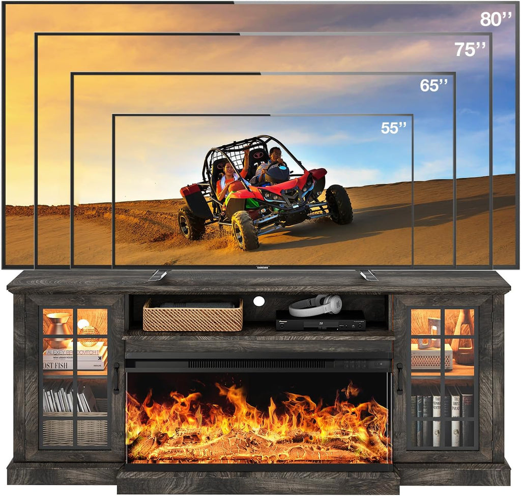oneinmil 59'' Fireplace TV Stand, 3 Sided Glass Media Entertainment Center Console Table for TVs up to 65'' with Glass Door Adjustable Flame LED Color for Living Room, Set of TV Table, White