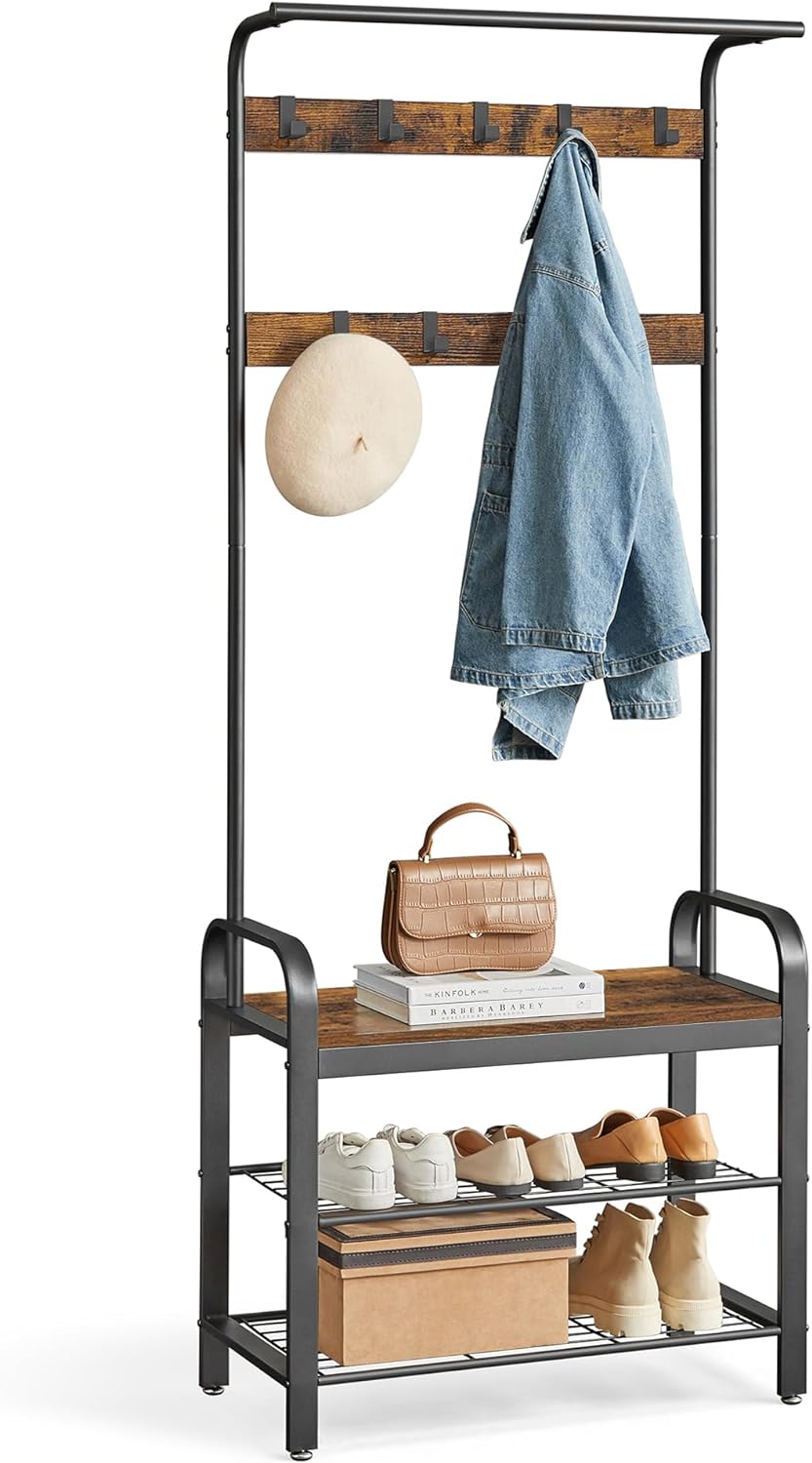 VASAGLE Shoe Bench, Storage Bench with Cupboard and 9 Open Compartments, Shoe Shelf, Padded Seat, Barn Door, 11.8 x 43.3 x 18.9 Inches, Rustic Brown ULHS058X01