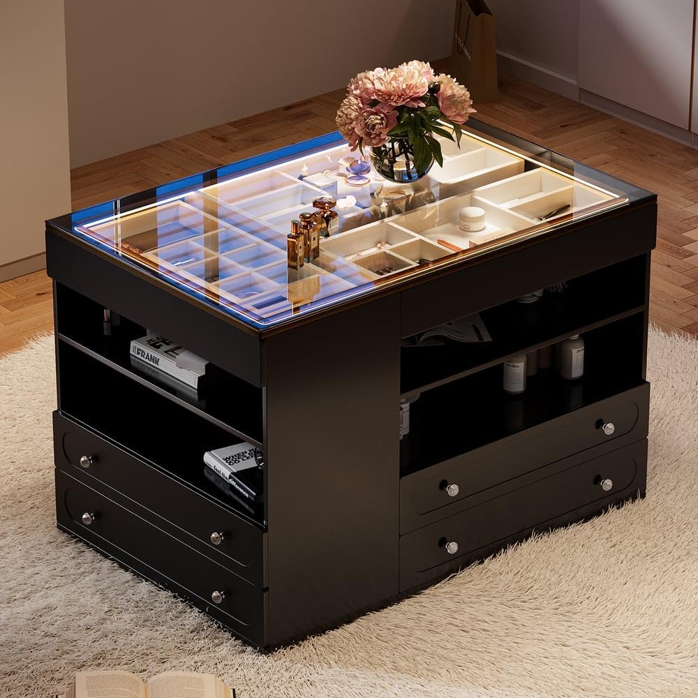 homary 47" Walk-in Closet Vanity Island with LED Light, Jewelry Drawer Organizer, Glass Top, 9 Storage Drawers – Modern Dresser for Bedroom or Dressing Room (Black)