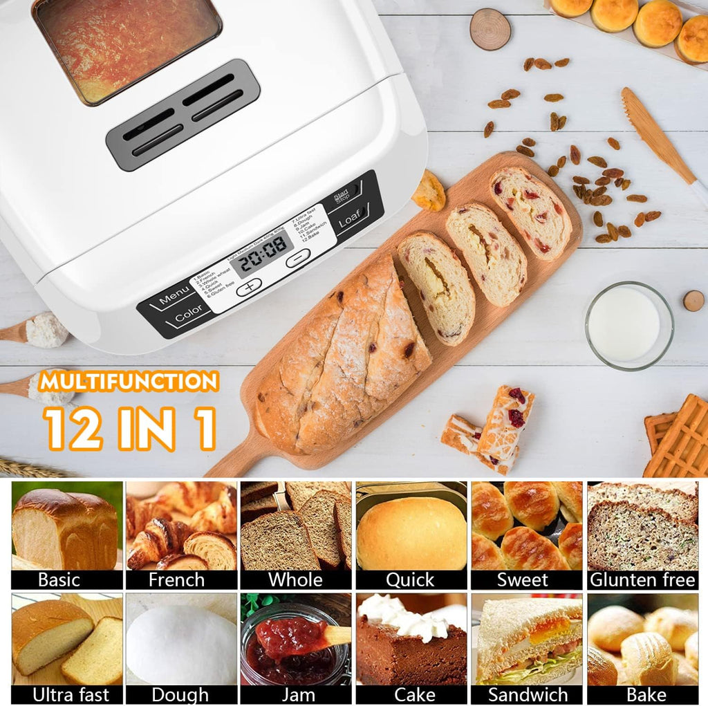 Bread Machine,with 12 Presets,Gluten-Free Setting,Auto Fruit Nut Dispenser & Nonstick Pan,2 Loaf Sizes,13H Reserve & 1H Keep Warm (White)