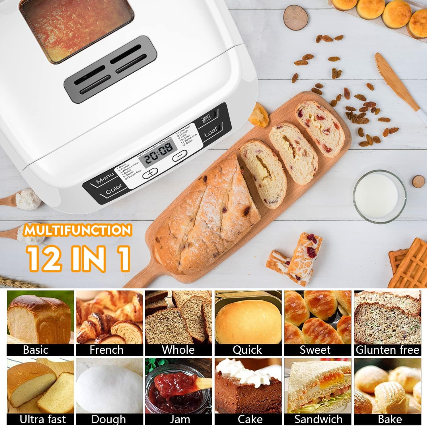 Bread Machine,with 12 Presets,Gluten-Free Setting,Auto Fruit Nut Dispenser & Nonstick Pan,2 Loaf Sizes,13H Reserve & 1H Keep Warm (White)