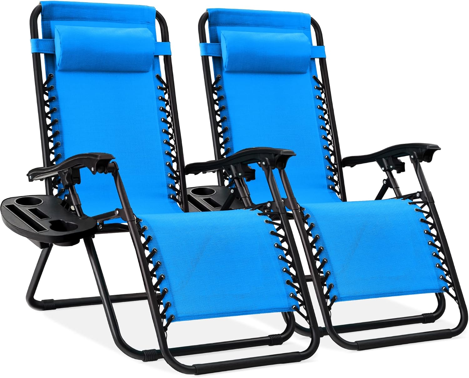 Best Choice Products Set of 2 Adjustable Steel Mesh Zero Gravity Lounge Chair Recliners w/Pillows and Cup Holder Trays - Beige