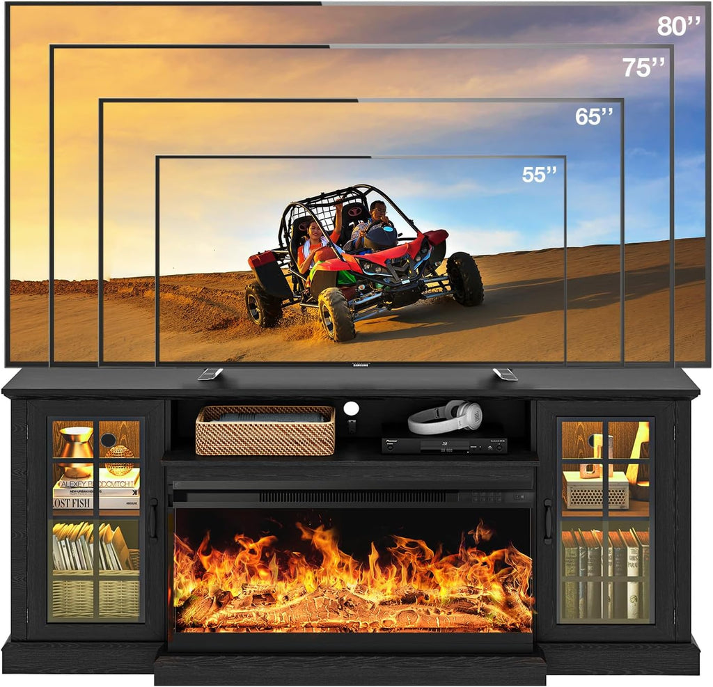 oneinmil 59'' Fireplace TV Stand, 3 Sided Glass Media Entertainment Center Console Table for TVs up to 65'' with Glass Door Adjustable Flame LED Color for Living Room, Set of TV Table, White