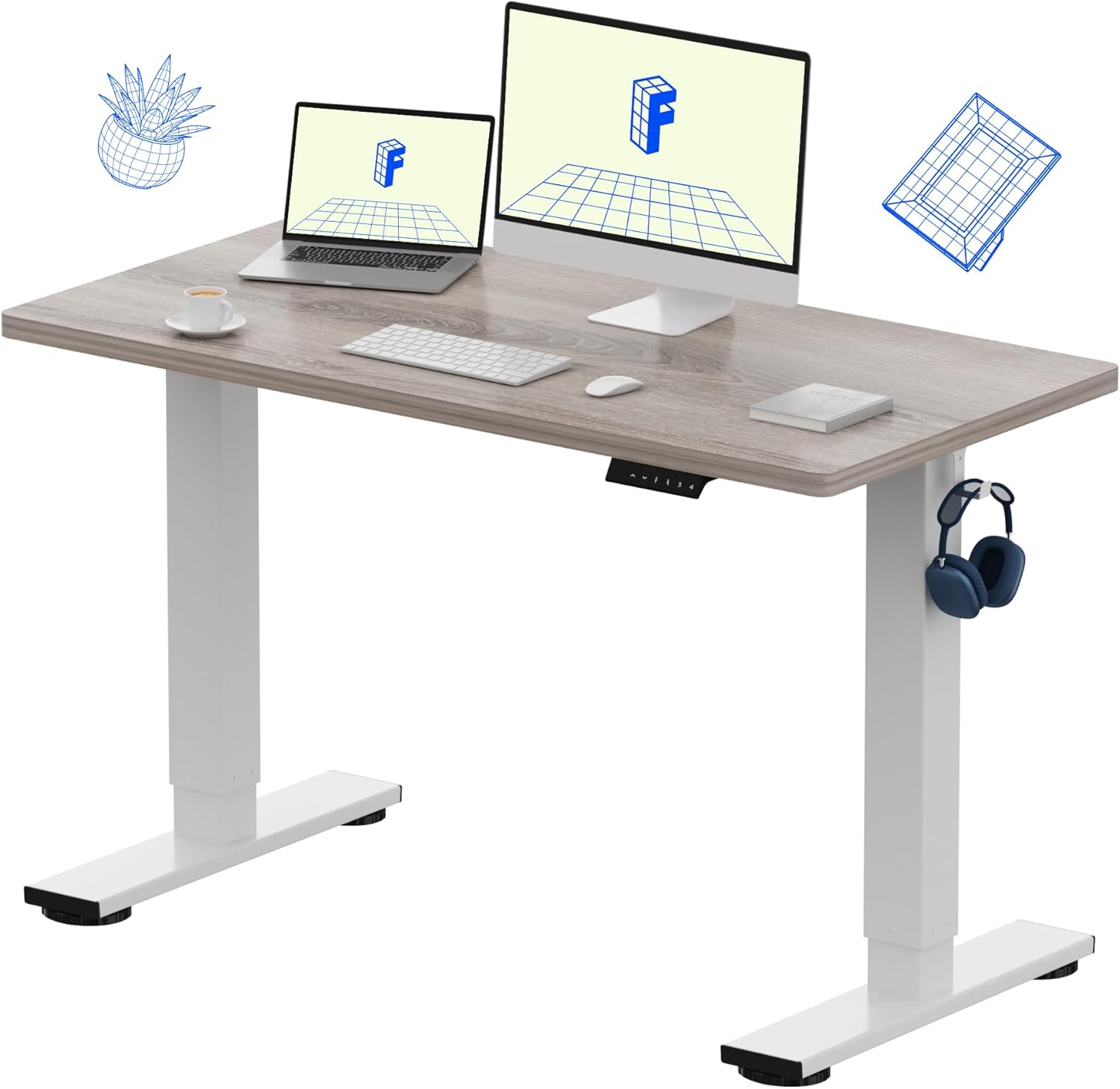 FLEXISPOT EN1 One-Piece Standing Desk 55 x 28 Inch Electric Adjustable Height Desk for Home Office and Computer Workstation (White Frame + 55" Maple Top, 2 Packages)