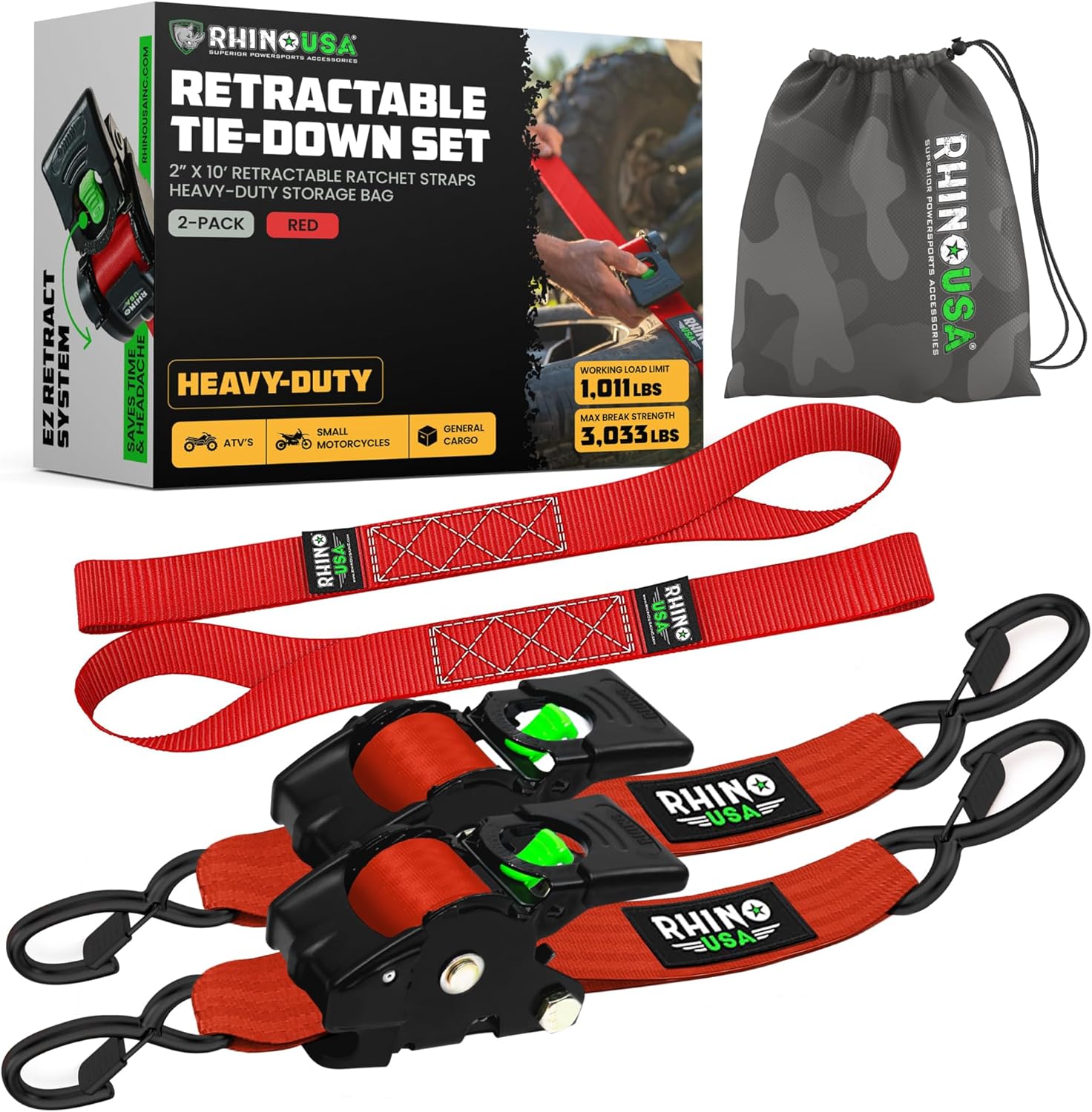 Rhino USA Retractable Ratchet Straps (2-Pack) - 2 Inch x 10 Feet (3,033lb Break Strength) - Heavy Duty Auto Self Retracting Tie Down Straps for Truck, Cargo Trailer, Motorcycle, Rad & More - Black