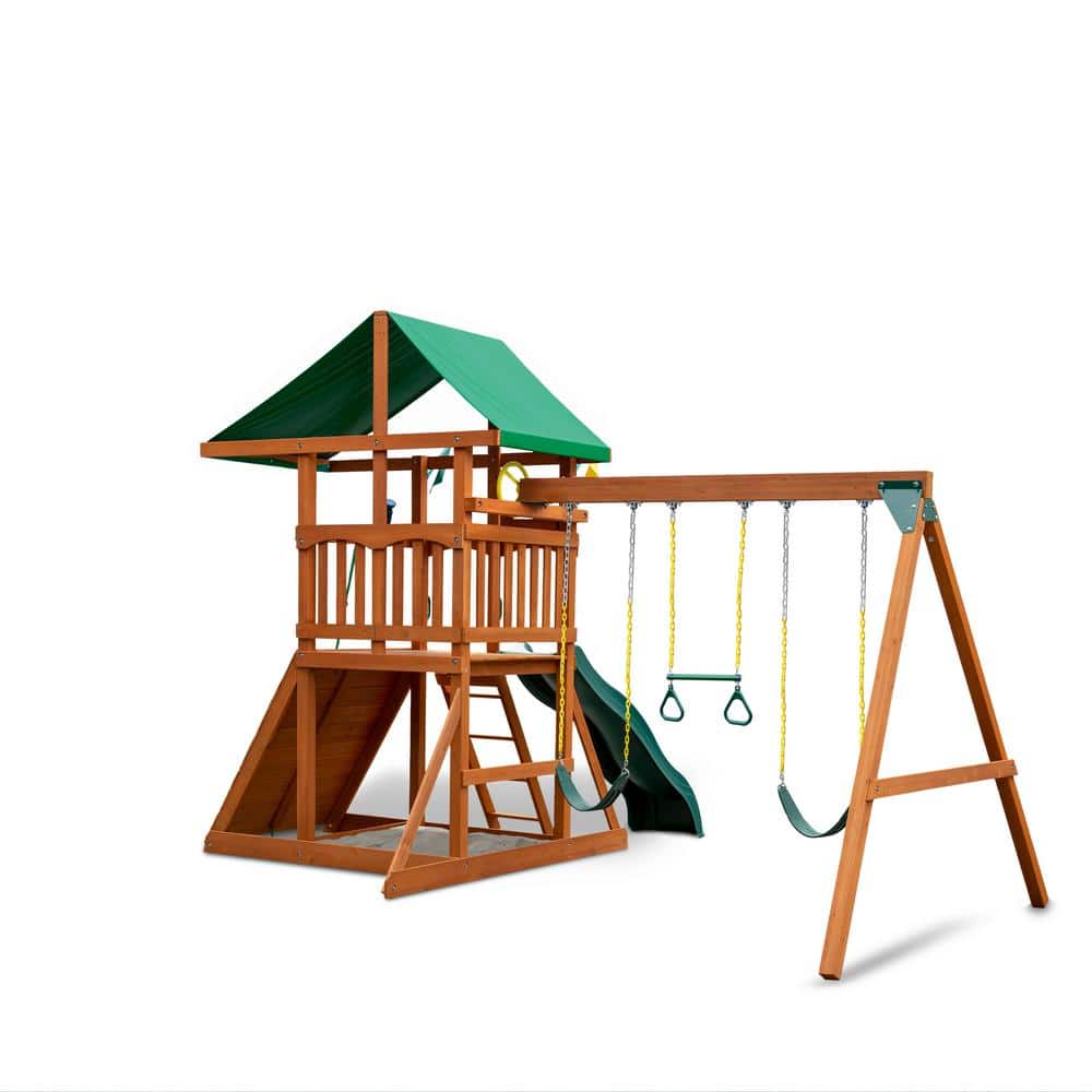 DIYOuting III Wooden Outdoor Playset with Tarp Roof, Rock Wall, Wave Slide, Swings, and Backyard Swing Set Accessories