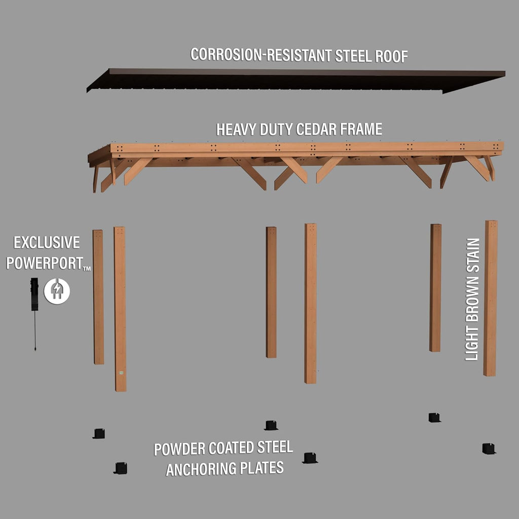 Backyard Discovery Saxony XL 12' x 6' Cedar Wood BBQ Grill Gazebo Pavilion with Hardtop Galvanized Steel Roof, Bar Tops, Powerport, Snow Support, Wind Resistance, Cook Station for Outdoor Patio, Deck