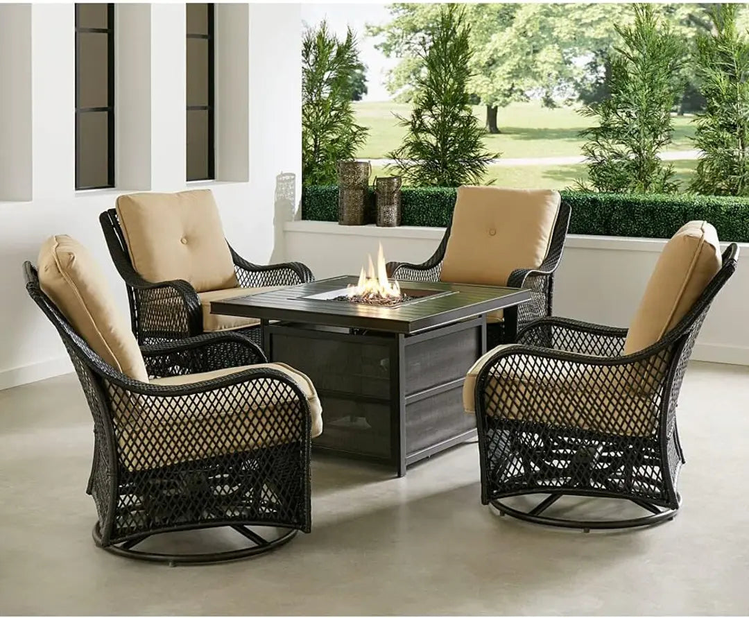 2025 New Hanover Orleans 5-Piece Steel Patio Fire Pit Conversation Set with Cushions, Swivel Gliders and Square Fire Pit Table