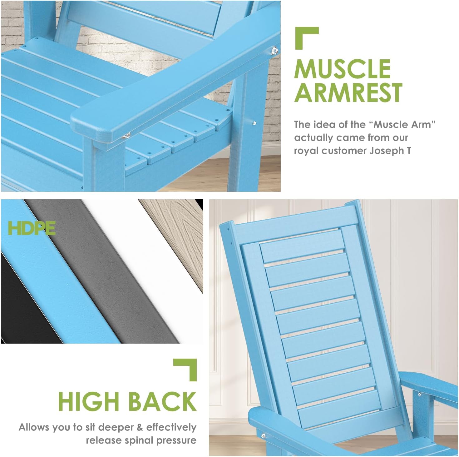 GREENVINES Outdoor Rocking Chairs | Set of 2 | Porch Rocker | HDPE Plastic | Black | Oversized Rockers | High Back | Big & Tall | Ladder Back | for Patio Outside Backyard Balcony Garden