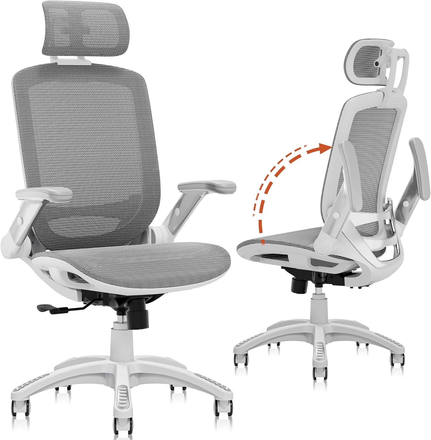 GABRYLLY Ergonomic Office Chair, High Back Home Desk Chair with Headrest, Flip-Up Arms, 90-120° Tilt Lock and Wide Cushion, Big and Tall Mesh Chairs for Man Woman, Grey Task Chair