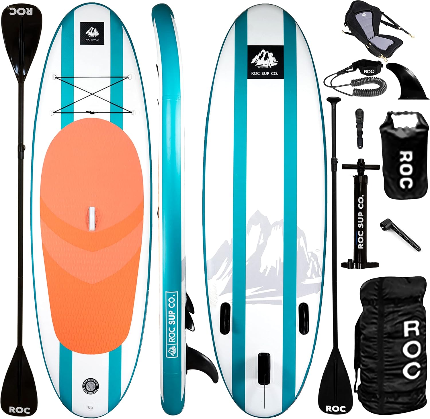 Roc Inflatable Stand Up Paddle Boards with Premium SUP Paddle Board Accessories, Wide Stable Design, Non-Slip Comfort Deck for Youth & Adults (Aqua W/Kayak Seat)