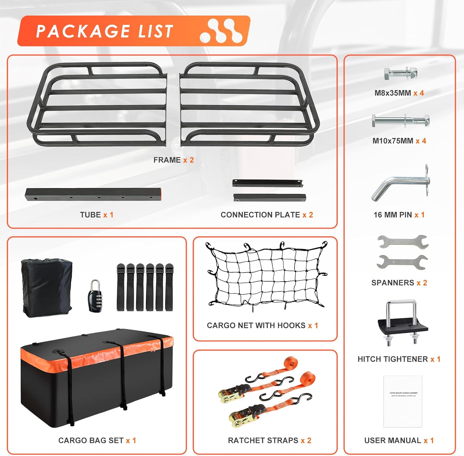 MeeFar High Rail Trailer Folding Hitch Mount Cargo Carrier Basket 60" X 24" X 14"+Waterproof Cargo Bag 20 cu ft(59" 24" 24"), Capacity of 500 Lbs with Hitch Stabilizer, Net, Lock and Straps