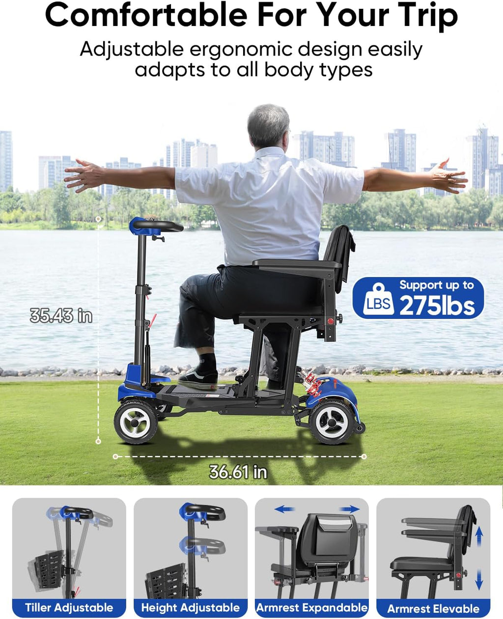 Mobility Scooter for Adults, Seniors - 37.5 lbs Ultra Lightweight Folding Mobility Scooters for Seniors Airport Approved, All Terrain 4 Wheel Motorized Scooter for Travel, 275 lbs Capacity, Blue