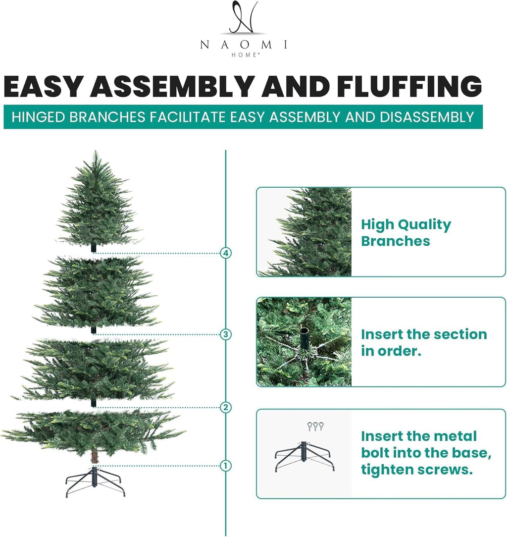 Naomi Home 6.5ft Rustic Christmas Tree with Lights, Realistic Classic Prelit with 2595 Branch Tips, 600 Warm Lights and Metal Stand, Aritificial Tree