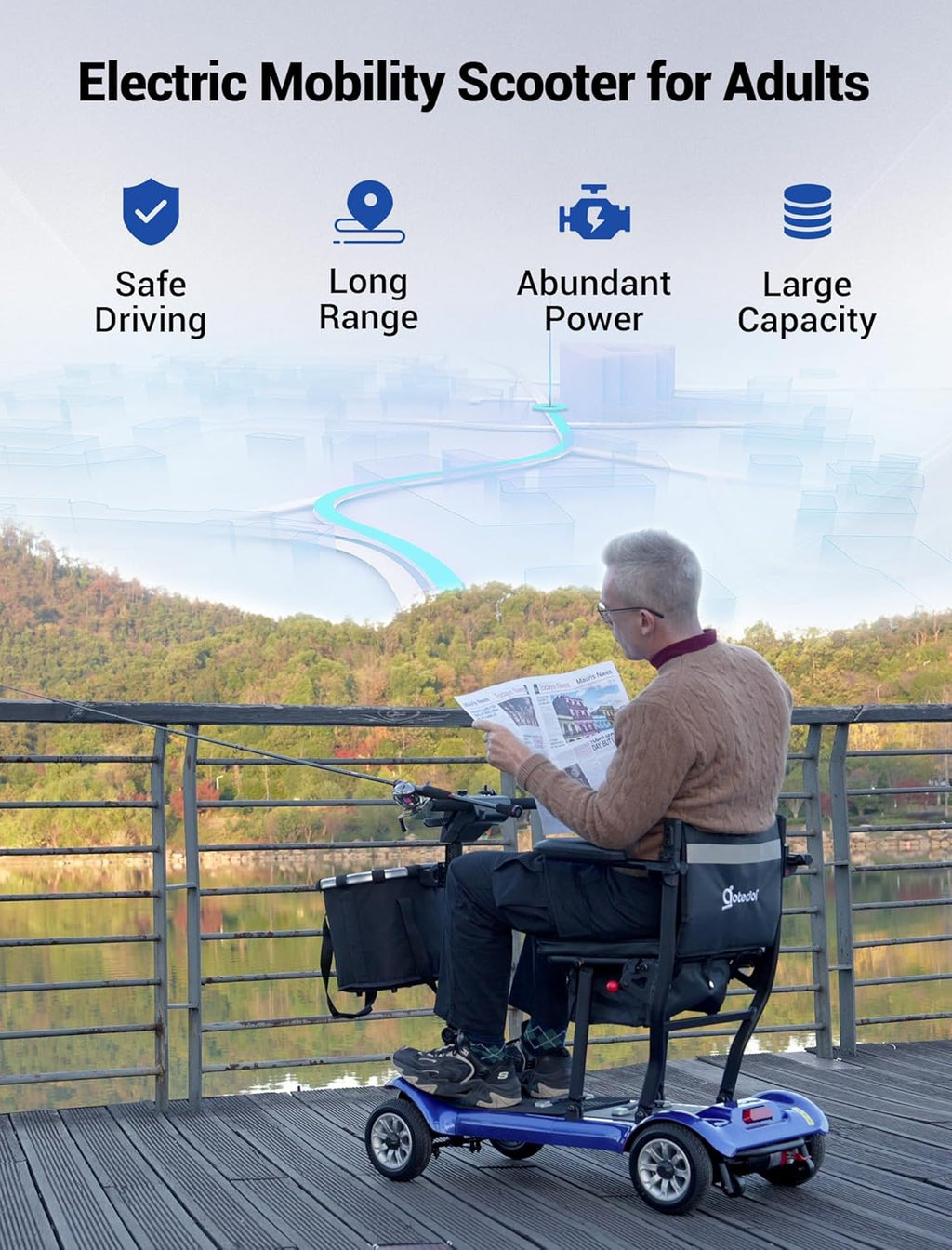 4 Wheel Mobility Scooter, Electric Mobility Scooter for Adults, Driving 22 Miles, Airlines Approved, Foldable Scooter w/249WH*2 Batteries Charger Under Seat Storage Dustproof Cover (Blue)