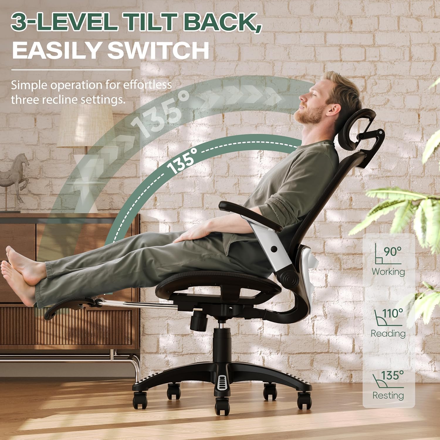 GABRYLLY Ergonomic Office Chair, High Back Home Desk Chair with Headrest, Flip-Up Arms, 90-120° Tilt Lock and Wide Cushion, Big and Tall Mesh Chairs for Man Woman, Grey Task Chair