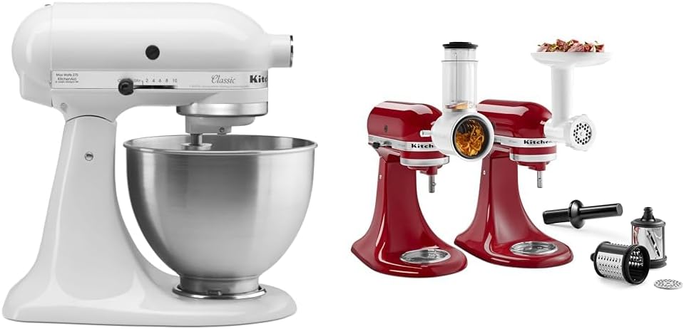 KitchenAid Classic Series 4.5 Quart Tilt-Head Stand Mixer K45SS, White & 5 Cup Food Chopper - KFC0516, Contour Silver