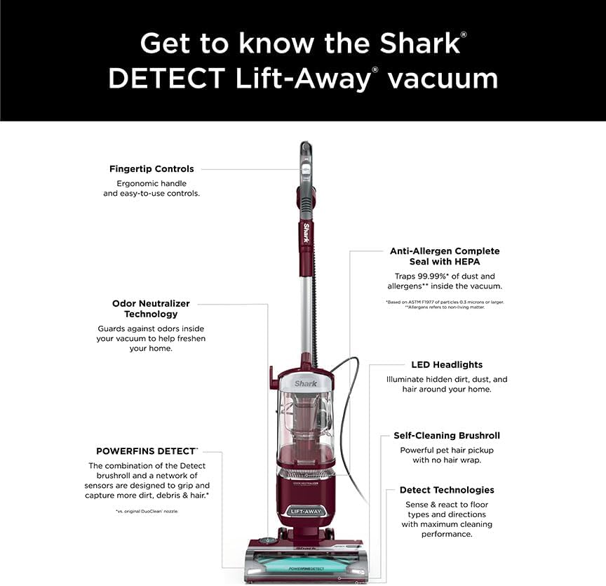 Shark NV752 Rotator Powered Lift-Away TruePet Upright Vacuum with HEPA Filter, Large Dust Cup Capacity, LED Headlights, Upholstery Tool, Perfect Pet Power Brush & Crevice Tool, Bordeaux
