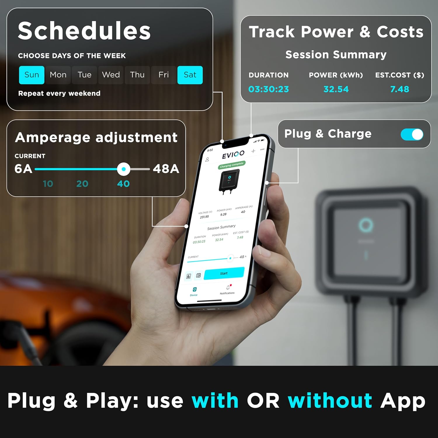 EVIQO Level 2 EV Charger 40 Amp - 9.6 kW 240V Wall EV Charger Level 2 for Home, NEMA 14-50 Plug, J1772 25' Cable, Enhanced Wi-Fi – UL, ETL Certified EVSE, Smart Car EV Charging Station – GEN 2