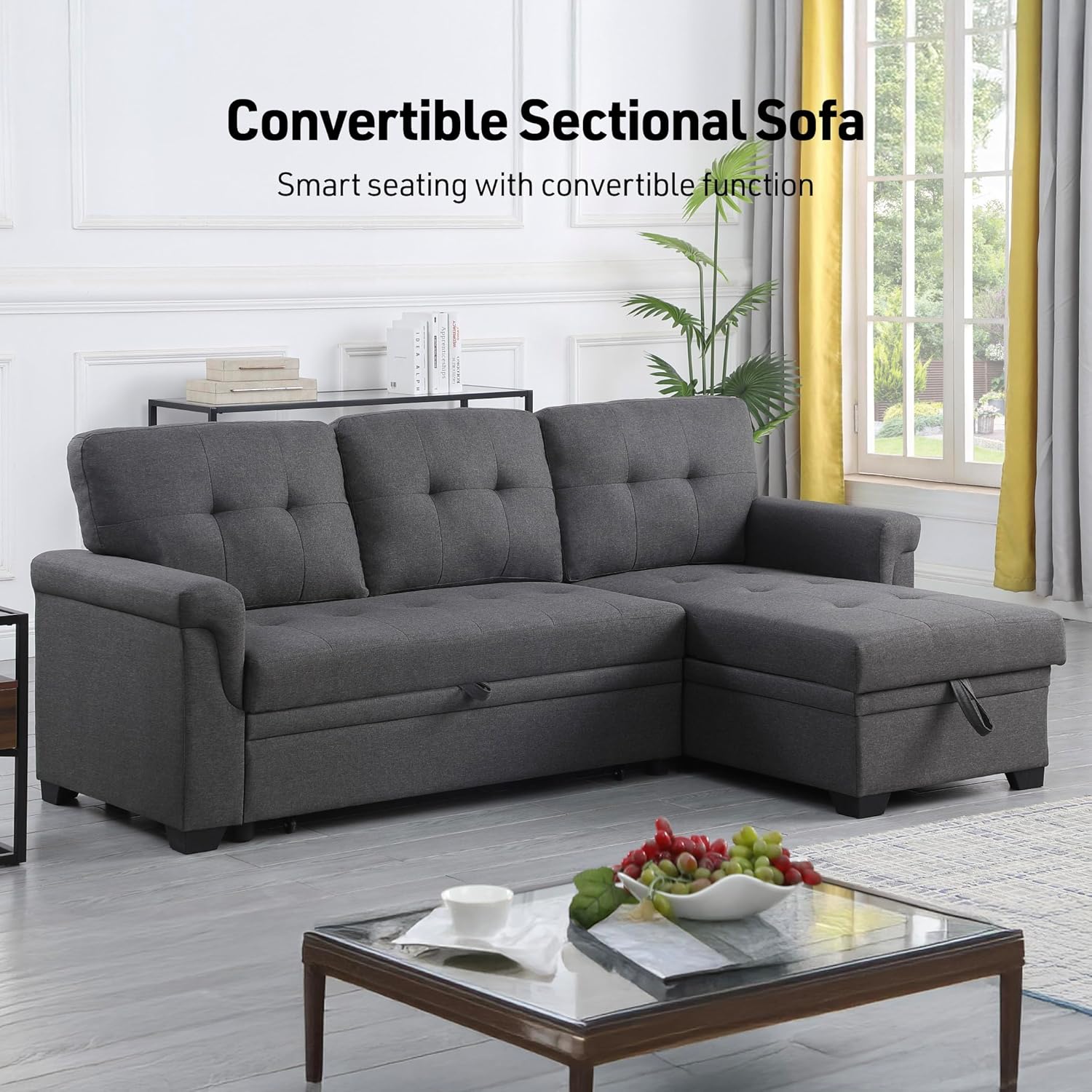 Lilola Home Lucca 84-inch Reversible Sleeper Sectional Sofa with Pull-Out Bed & Storage Chaise, Dark Gray Linen Fabric, Tufted Back, Modern Compact Couch for Living Room, Easy Assembly
