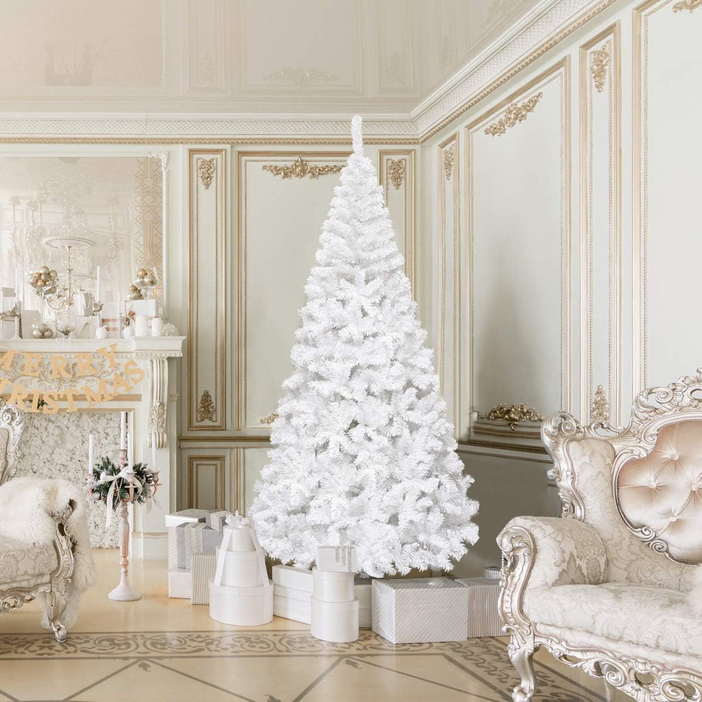 Goplus 7ft Artificial White Christmas Tree Xmas Pine Tree with Solid Metal Legs Perfect for Indoor and Outdoor Holiday Decoration
