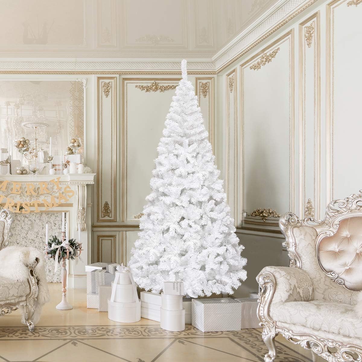 Goplus 7ft Artificial White Christmas Tree Xmas Pine Tree with Solid Metal Legs Perfect for Indoor and Outdoor Holiday Decoration