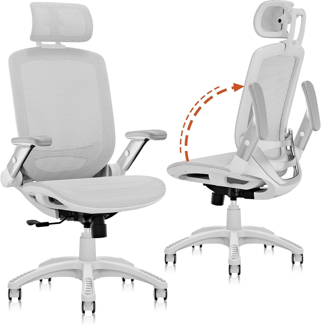 GABRYLLY Ergonomic Office Chair, High Back Home Desk Chair with Headrest, Flip-Up Arms, 90-120° Tilt Lock and Wide Cushion, Big and Tall Mesh Chairs for Man Woman, Grey Task Chair