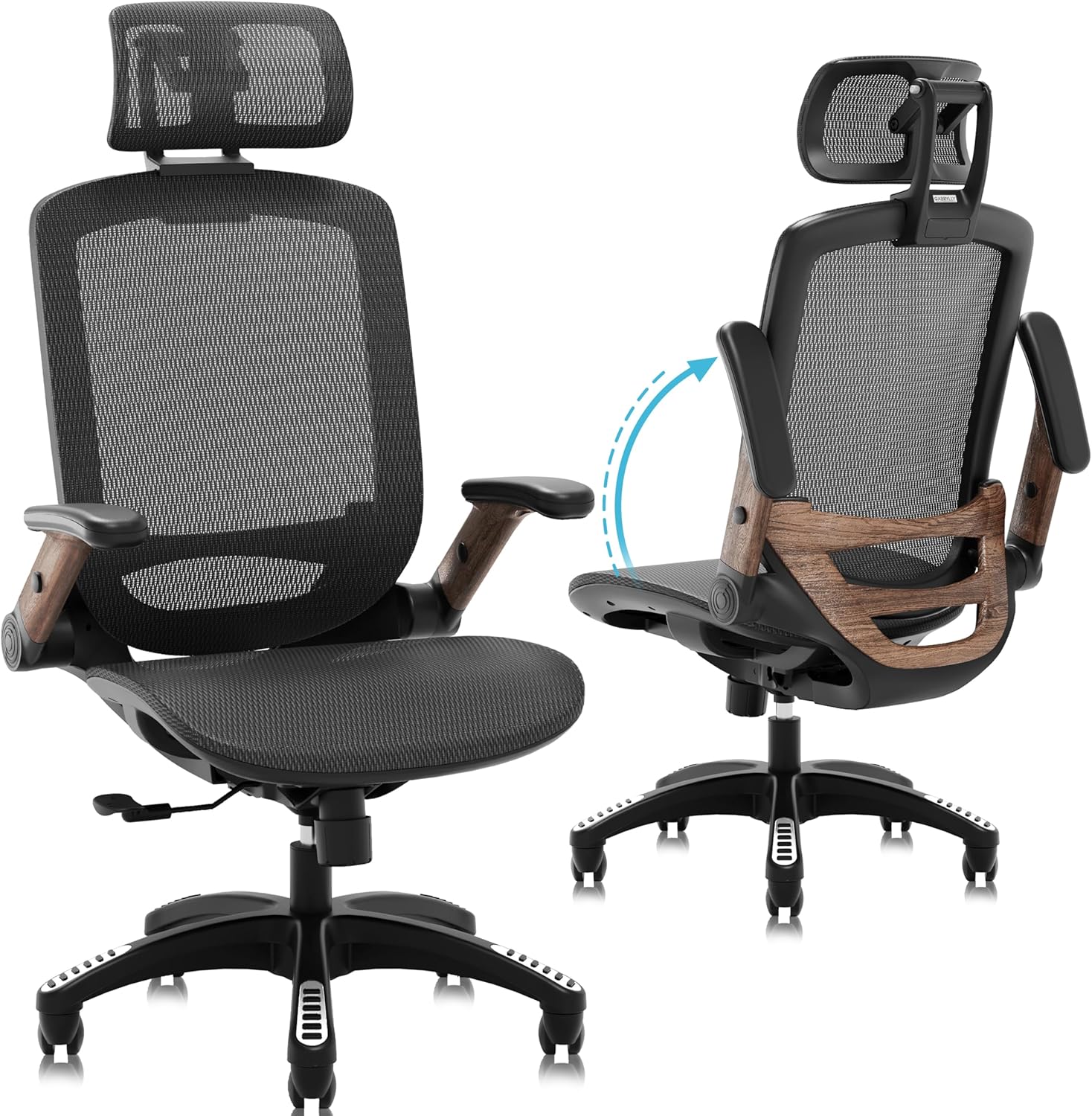 GABRYLLY Ergonomic Office Chair, High Back Home Desk Chair with Headrest, Flip-Up Arms, 90-120° Tilt Lock and Wide Cushion, Big and Tall Mesh Chairs for Man Woman, Grey Task Chair