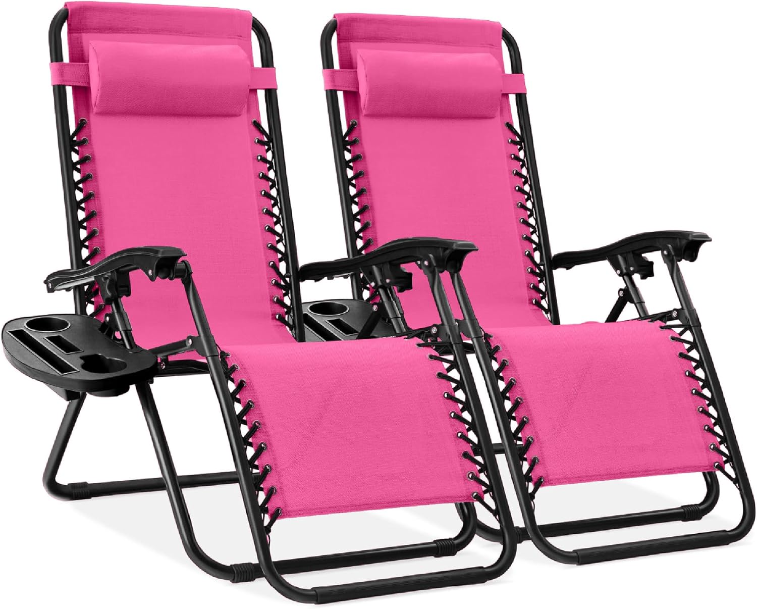 Best Choice Products Set of 2 Adjustable Steel Mesh Zero Gravity Lounge Chair Recliners w/Pillows and Cup Holder Trays - Beige