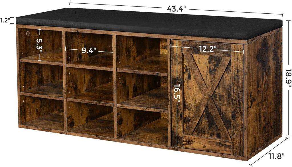 VASAGLE Shoe Bench, Storage Bench with Cupboard and 9 Open Compartments, Shoe Shelf, Padded Seat, Barn Door, 11.8 x 43.3 x 18.9 Inches, Rustic Brown ULHS058X01