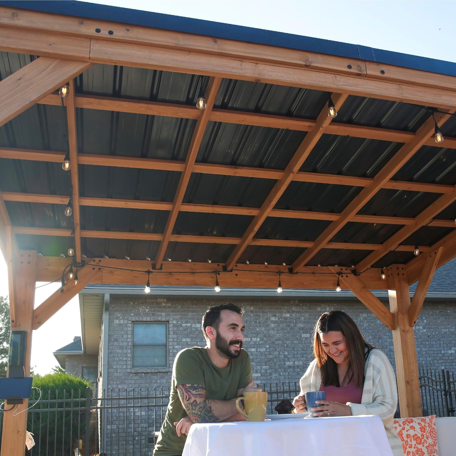 Backyard Discovery Saxony XL 12' x 6' Cedar Wood BBQ Grill Gazebo Pavilion with Hardtop Galvanized Steel Roof, Bar Tops, Powerport, Snow Support, Wind Resistance, Cook Station for Outdoor Patio, Deck