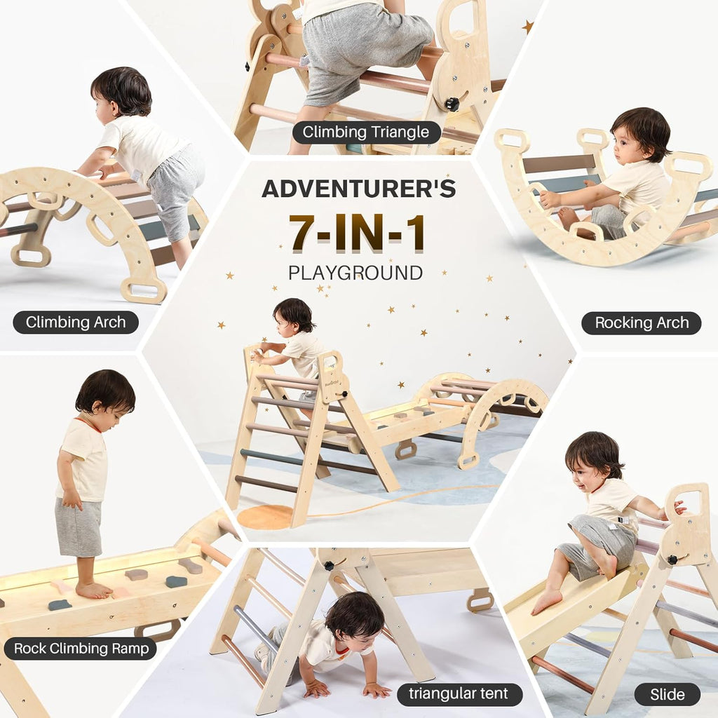 BlueWood Pikler Triangle Set 7in1 Foldable Baby Climbing Wooden Toys with Arch&Ramp&Ladder Climber Indoor Jungle Gyms for Toddlers - Natural Wood