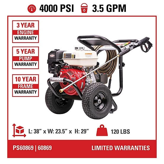 SIMPSON 4,000 PSI 3.5 GPM Gas Cold Water PowerShot Professional Pressure Washer, Honda GX270 Engine, 49-State