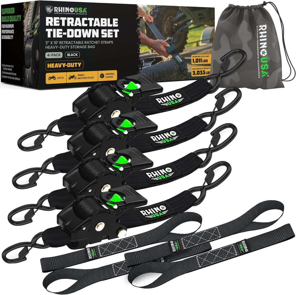 Rhino USA Retractable Ratchet Straps (2-Pack) - 2 Inch x 10 Feet (3,033lb Break Strength) - Heavy Duty Auto Self Retracting Tie Down Straps for Truck, Cargo Trailer, Motorcycle, Rad & More - Black